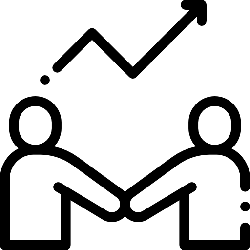 Outline icon of two people holding hands and arrow moving upwards to signify improvement