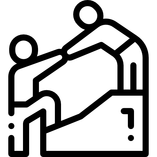 Black outline icon of person helping another person up a steep incline