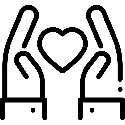 Black outlined icon of hands holding a heart