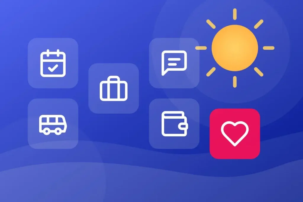 Icons for summer life skills: a calendar, briefcase, bus, chat bubble, wallet and heart on a blue background with a sun
